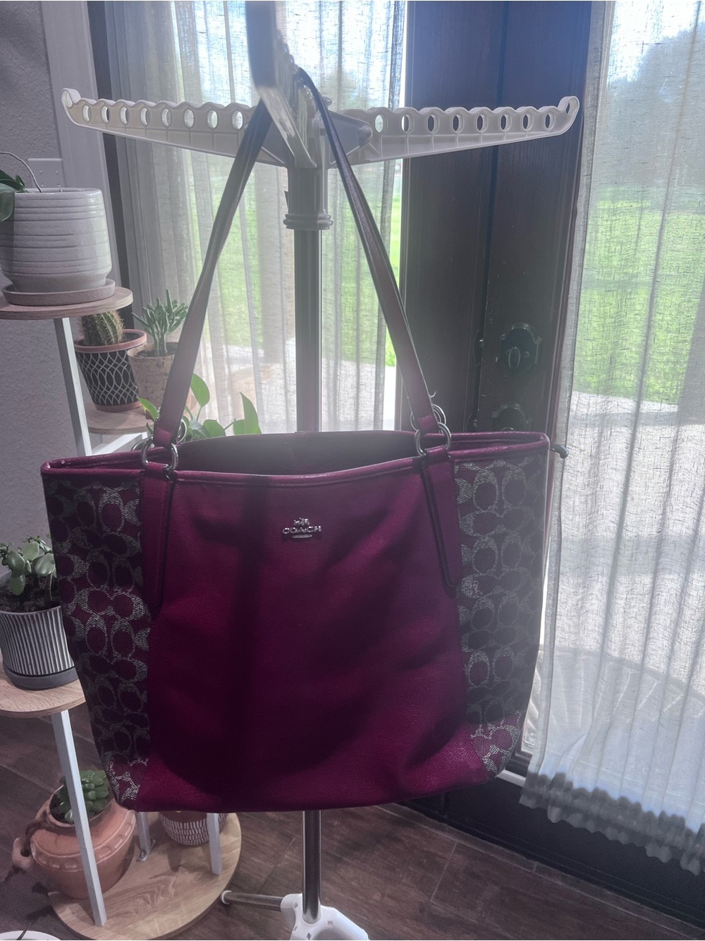 Coach Burgundy Signature Tote with Monogram Panels
